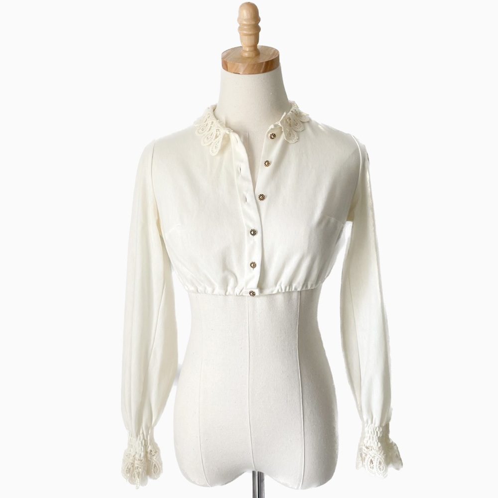 VINTAGE TREVIRA Cropped Dirndl Cream Lace Trimmed Long Sleeve Top